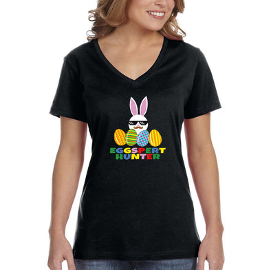 Free Shipping Women's Eggspert Hunter Video Game Easter Holiday V-Neck Short Sleeve T-Shirt Bunny Rabbit Funny Egg Hunt Spring Gift Cute Tee