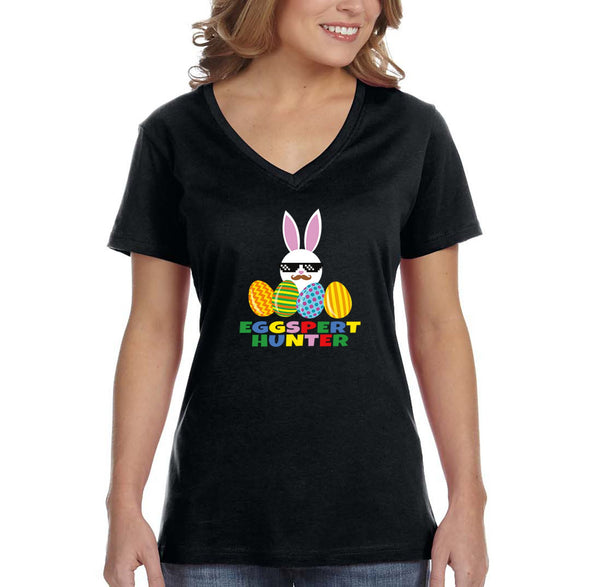 Free Shipping Women's Eggspert Hunter Video Game Easter Holiday V-Neck Short Sleeve T-Shirt Bunny Rabbit Funny Egg Hunt Spring Gift Cute Tee