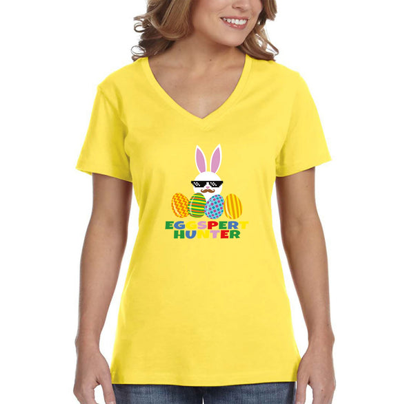 Free Shipping Women's Eggspert Hunter Video Game Easter Holiday V-Neck Short Sleeve T-Shirt Bunny Rabbit Funny Egg Hunt Spring Gift Cute Tee