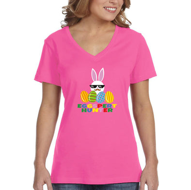 Free Shipping Women's Eggspert Hunter Video Game Easter Holiday V-Neck Short Sleeve T-Shirt Bunny Rabbit Funny Egg Hunt Spring Gift Cute Tee
