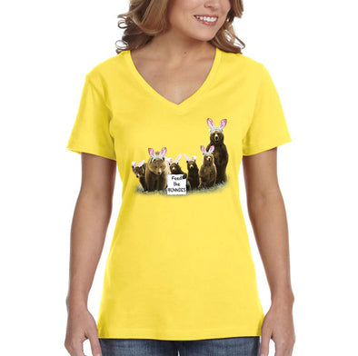 Free Shipping Women's Feed the Bunnies Bears Funny Easter Holiday V-Neck Short Sleeve T-Shirt Bunny Rabbit Funny Egg Hunt Spring Gift Tee
