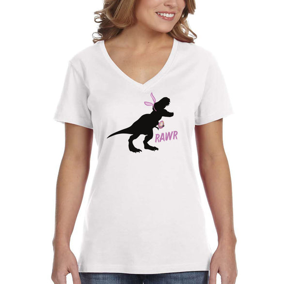 Free Shipping Women's Rawr T-Rex Dinosaur Easter Holiday V-Neck Short Sleeve T-Shirt Bunny Rabbit Funny Egg Hunt Spring Gift Cute Tee