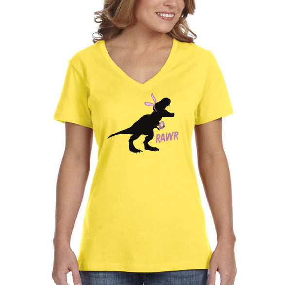 Free Shipping Women's Rawr T-Rex Dinosaur Easter Holiday V-Neck Short Sleeve T-Shirt Bunny Rabbit Funny Egg Hunt Spring Gift Cute Tee