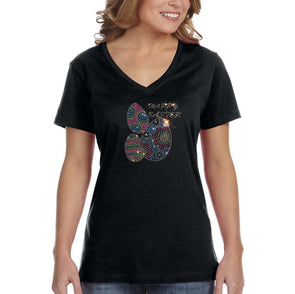 Free Shipping Women's 3 Eggs Rhinestone Easter Holiday V-Neck Short Sleeve T-Shirt Bunny Rabbit Funny Egg Hunt Spring Gift Cute Tee