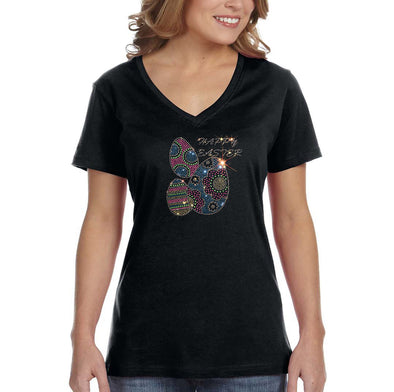 Free Shipping Women's 3 Eggs Rhinestone Easter Holiday V-Neck Short Sleeve T-Shirt Bunny Rabbit Funny Egg Hunt Spring Gift Cute Tee