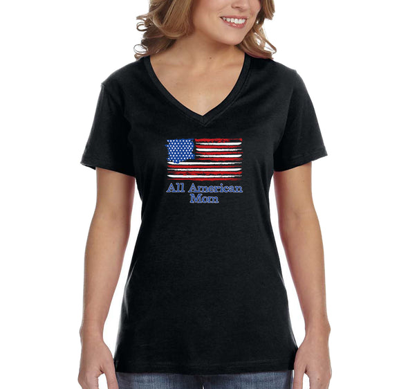 Free Shipping Women's All American Mom USA Flag Mother's Day V-Neck Short Sleeve T-Shirt Birthday Gift Spring Aunt Nana Mother Grandma Tee