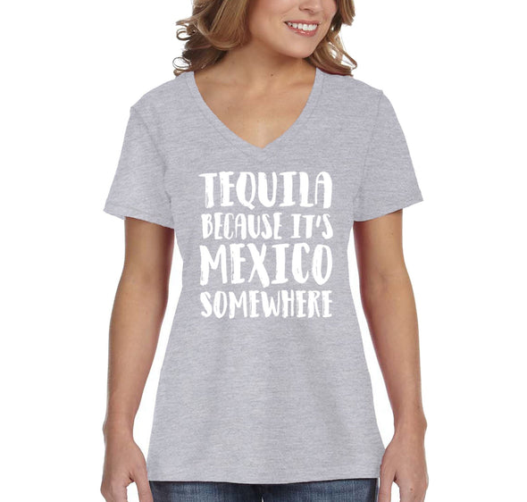Free Shipping Women's Tequila It's Mexico Somewhere Cinco De Mayo Spring Break V-Neck Short Sleeve T-Shirt Birthday Gift Summer Party