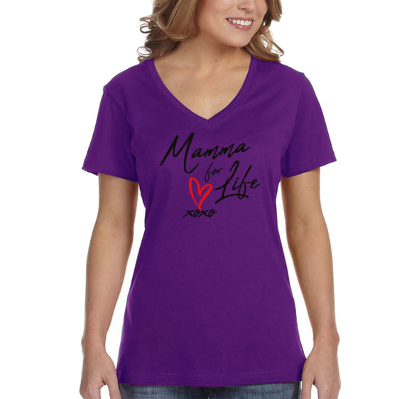 Free Shipping Women's Mamma Mama For Life XoXo Heart Mother's Day V-Neck Short Sleeve T-Shirt Birthday Gift Aunt Nana Mother Grandma Tee