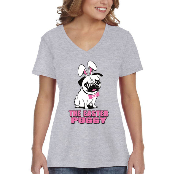 Free Shipping Women's Pug Dog Ears Easter Bunny Holiday V-Neck Short Sleeve T-Shirt Rabbit Lover Funny Egg Hunt Spring Gift Cute Tee