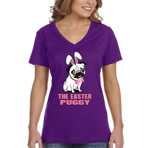 Free Shipping Women's Pug Dog Ears Easter Bunny Holiday V-Neck Short Sleeve T-Shirt Rabbit Lover Funny Egg Hunt Spring Gift Cute Tee