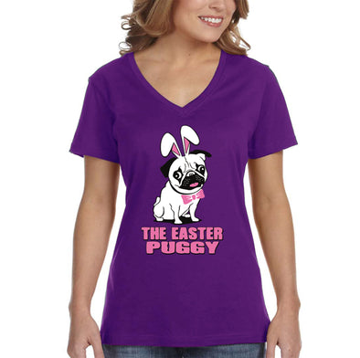 Free Shipping Women's Pug Dog Ears Easter Bunny Holiday V-Neck Short Sleeve T-Shirt Rabbit Lover Funny Egg Hunt Spring Gift Cute Tee