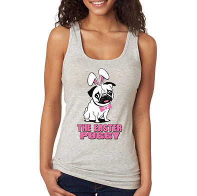 Free Shipping Women's Pug Dog Ears Easter Bunny Holiday Racer-Back Tank-Top Rabbit Lover Funny Egg Hunt Spring Gift