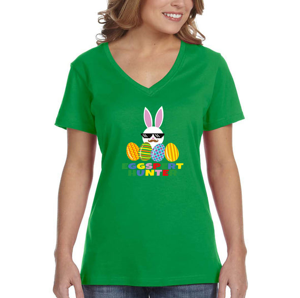 Free Shipping Women's Eggspert Hunter Video Game Easter Holiday V-Neck Short Sleeve T-Shirt Bunny Rabbit Funny Egg Hunt Spring Gift Cute Tee