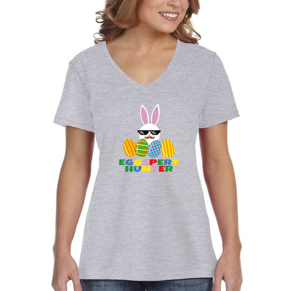 Free Shipping Women's Eggspert Hunter Video Game Easter Holiday V-Neck Short Sleeve T-Shirt Bunny Rabbit Funny Egg Hunt Spring Gift Cute Tee