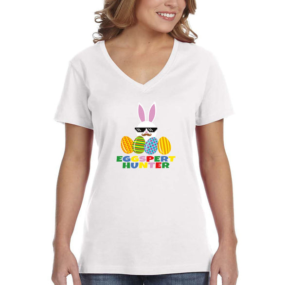 Free Shipping Women's Eggspert Hunter Video Game Easter Holiday V-Neck Short Sleeve T-Shirt Bunny Rabbit Funny Egg Hunt Spring Gift Cute Tee