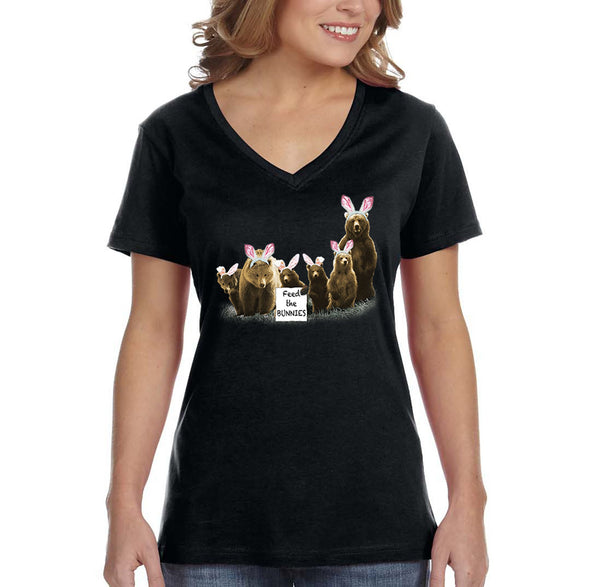 Free Shipping Women's Feed the Bunnies Bears Funny Easter Holiday V-Neck Short Sleeve T-Shirt Bunny Rabbit Funny Egg Hunt Spring Gift Tee