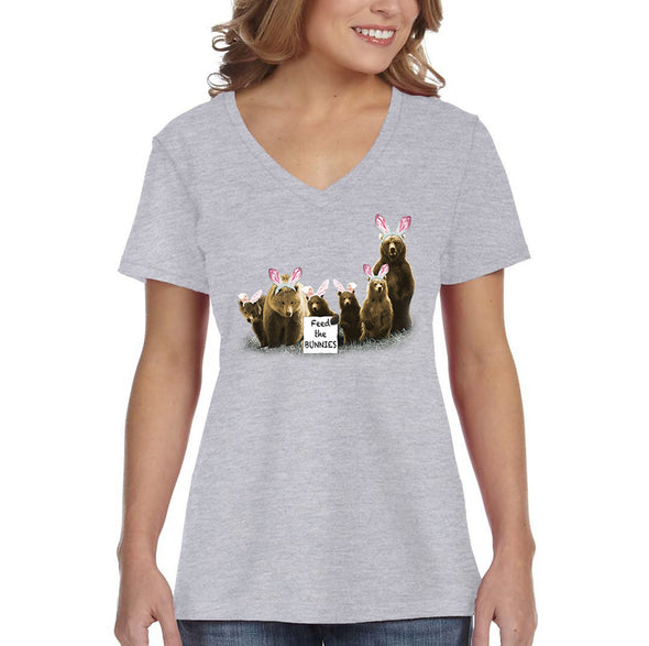 Free Shipping Women's Feed the Bunnies Bears Funny Easter Holiday V-Neck Short Sleeve T-Shirt Bunny Rabbit Funny Egg Hunt Spring Gift Tee