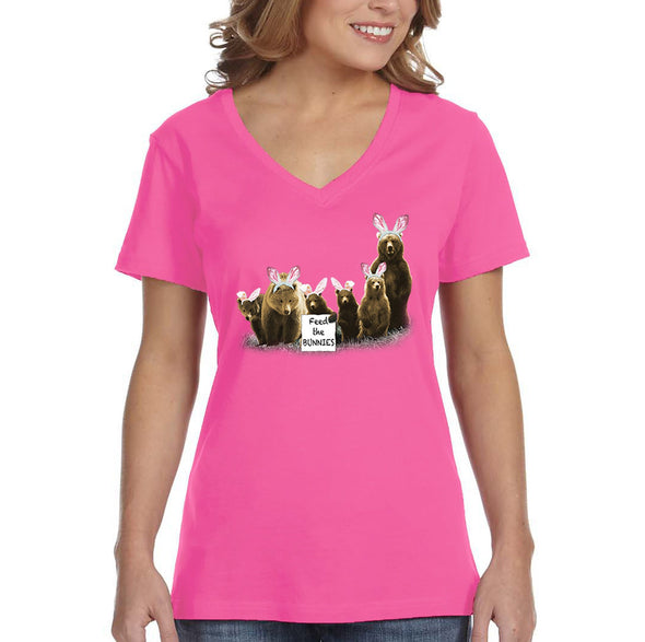 Free Shipping Women's Feed the Bunnies Bears Funny Easter Holiday V-Neck Short Sleeve T-Shirt Bunny Rabbit Funny Egg Hunt Spring Gift Tee
