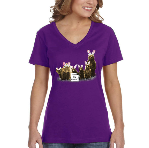 Free Shipping Women's Feed the Bunnies Bears Funny Easter Holiday V-Neck Short Sleeve T-Shirt Bunny Rabbit Funny Egg Hunt Spring Gift Tee