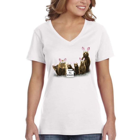 Free Shipping Women's Feed the Bunnies Bears Funny Easter Holiday V-Neck Short Sleeve T-Shirt Bunny Rabbit Funny Egg Hunt Spring Gift Tee
