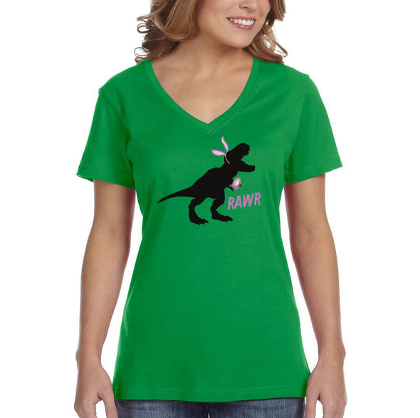 Free Shipping Women's Rawr T-Rex Dinosaur Easter Holiday V-Neck Short Sleeve T-Shirt Bunny Rabbit Funny Egg Hunt Spring Gift Cute Tee