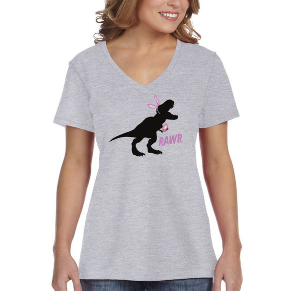 Free Shipping Women's Rawr T-Rex Dinosaur Easter Holiday V-Neck Short Sleeve T-Shirt Bunny Rabbit Funny Egg Hunt Spring Gift Cute Tee