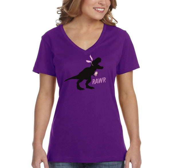 Free Shipping Women's Rawr T-Rex Dinosaur Easter Holiday V-Neck Short Sleeve T-Shirt Bunny Rabbit Funny Egg Hunt Spring Gift Cute Tee