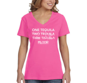 Free Shipping Women's One Tequila Two Floor Funny Cinco De Mayo Spring Break V-Neck Short Sleeve T-Shirt Birthday Gift Drinking Summer Party