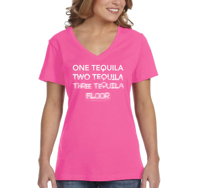 Free Shipping Women's One Tequila Two Floor Funny Cinco De Mayo Spring Break V-Neck Short Sleeve T-Shirt Birthday Gift Drinking Summer Party