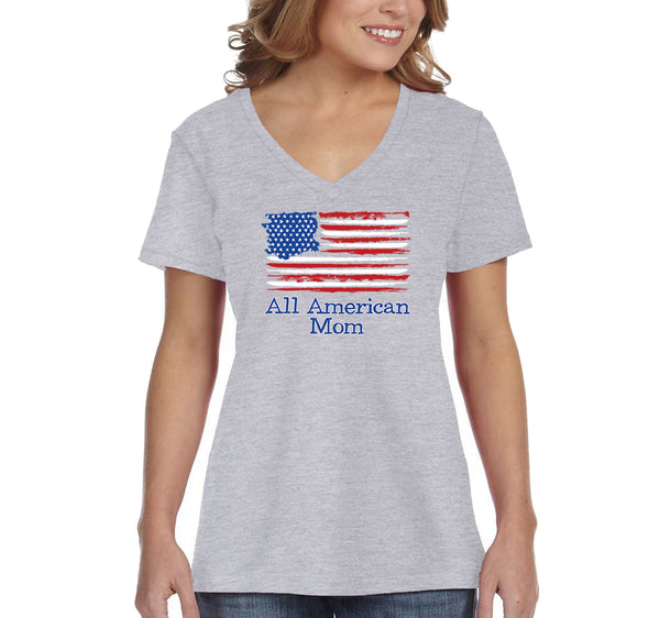 Free Shipping Women's All American Mom USA Flag Mother's Day V-Neck Short Sleeve T-Shirt Birthday Gift Spring Aunt Nana Mother Grandma Tee