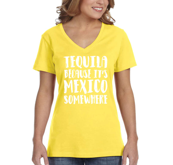 Free Shipping Women's Tequila It's Mexico Somewhere Cinco De Mayo Spring Break V-Neck Short Sleeve T-Shirt Birthday Gift Summer Party