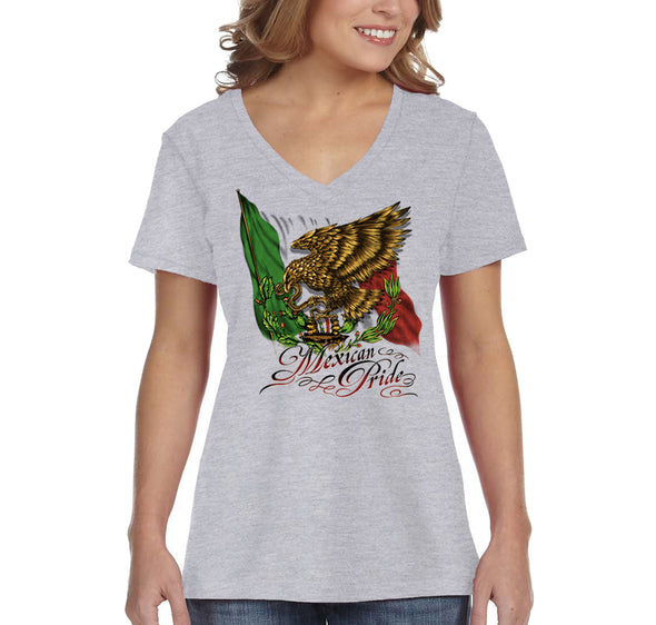 Free Shipping Women's Mexican Pride Eagle Flag La Bandera Cinco De Mayo Spring Break V-Neck Short Sleeve T-Shirt Birthday Gift Summer Party
