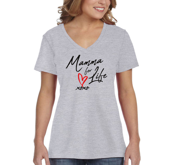 Free Shipping Women's Mamma Mama For Life XoXo Heart Mother's Day V-Neck Short Sleeve T-Shirt Birthday Gift Aunt Nana Mother Grandma Tee