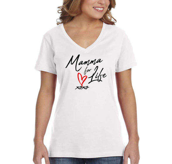 Free Shipping Women's Mamma Mama For Life XoXo Heart Mother's Day V-Neck Short Sleeve T-Shirt Birthday Gift Aunt Nana Mother Grandma Tee
