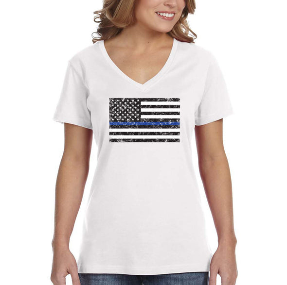 XtraFly Apparel Women's Blue Line Police USA Flag Shirt Lives Matter Tee Gift V-Neck T-shirt