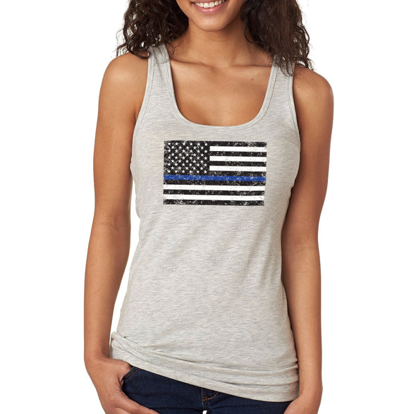 XtraFly Apparel Women's Blue Line Police USA Flag Shirt Lives Matter Tee Gift Racer-back Tank