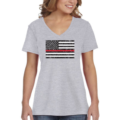 XtraFly Apparel Women's Red Line Firefighters Courage USA Flag Shirt Lives Matter Tee Gift V-Neck T-shirt
