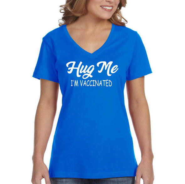 XtraFly Apparel Women&#39;s Hug Me I&#39;m Vaccinated Vaxx Science V-neck T-shirt