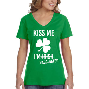 XtraFly Apparel Women&#39;s Kiss Me I&#39;m Vaccinated Irish St. Patrick&#39;s Day Saint Paddy Drunk Lucky Clover Shamrock V-neck T-shirt