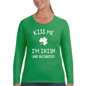 XtraFly Apparel Women&#39;s Kiss Me I&#39;m Irish and Vaccinated St. Patrick&#39;s Day Saint Paddy Drunk Lucky Clover Shamrock Long Sleeve T-Shirt