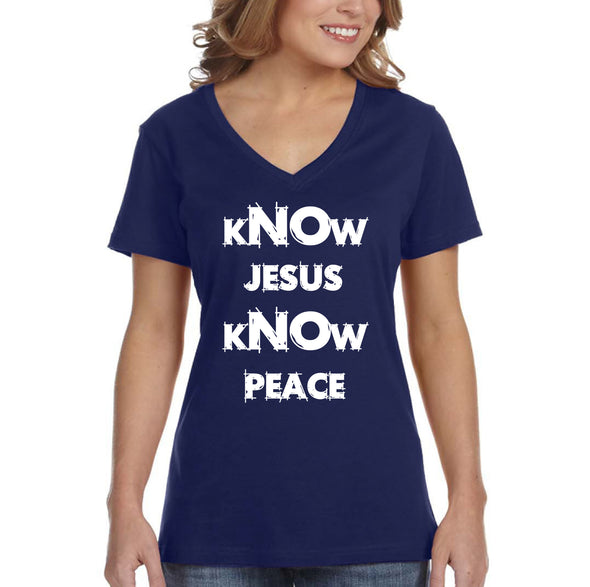 XtraFly Apparel Women&#39;s Know Jesus Peace Faith Religious Christ God Christian Catholic Protestant Church Cross Bible V-neck T-shirt