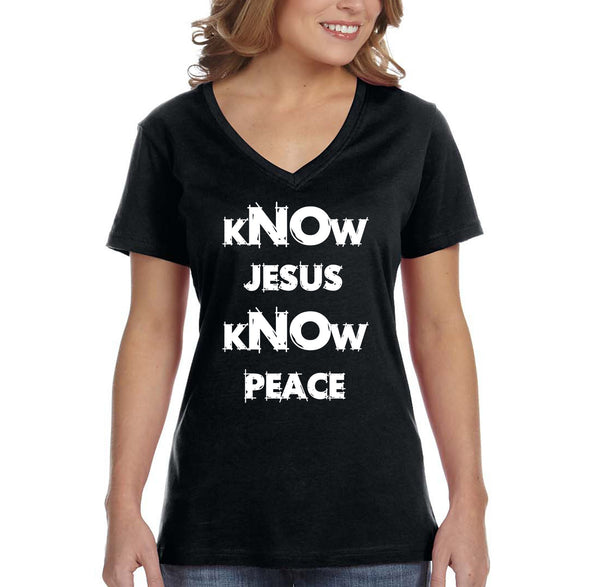 XtraFly Apparel Women&#39;s Know Jesus Peace Faith Religious Christ God Christian Catholic Protestant Church Cross Bible V-neck T-shirt