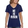 XtraFly Apparel Women&#39;s He is Risen Jesus Christ God Faith Religious Christian Catholic Church Cross Bible V-neck T-shirt