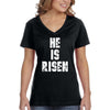 XtraFly Apparel Women&#39;s He is Risen Jesus Christ God Faith Religious Christian Catholic Church Cross Bible V-neck T-shirt