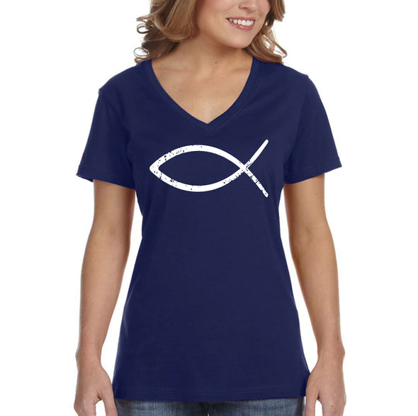 XtraFly Apparel Women&#39;s Fish Religious Bible Jesus Christ God Cross Crucifix Faith Christian Catholic Protestant Church V-neck T-shirt
