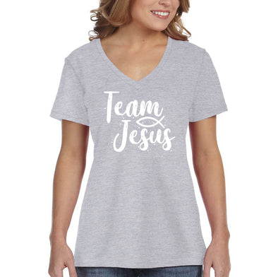 XtraFly Apparel Women&#39;s Team Jesus Fish Christ Bible God Religious Cross Crucifix Faith Christian Catholic Church V-neck T-shirt