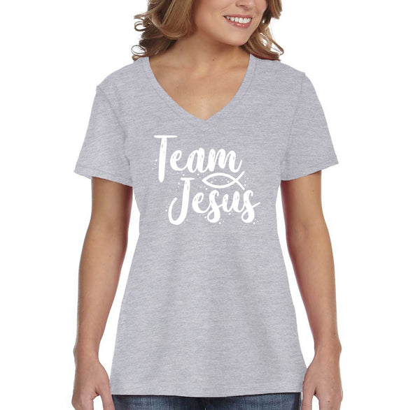XtraFly Apparel Women&#39;s Team Jesus Fish Christ Bible God Religious Cross Crucifix Faith Christian Catholic Church V-neck T-shirt