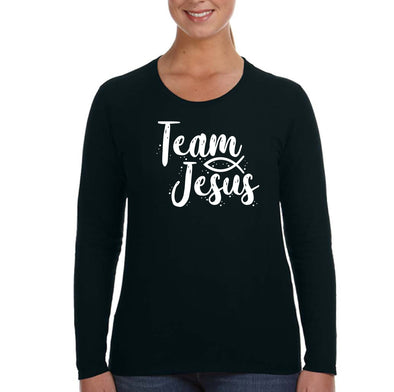 XtraFly Apparel Women&#39;s Team Jesus Fish Christ Bible God Religious Cross Crucifix Faith Christian Catholic Church Long Sleeve T-Shirt