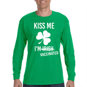 XtraFly Apparel Men&#39;s Kiss Me I&#39;m Vaccinated Irish St. Patrick&#39;s Day Saint Paddy Drunk Lucky Clover Shamrock Long Sleeve T-Shirt