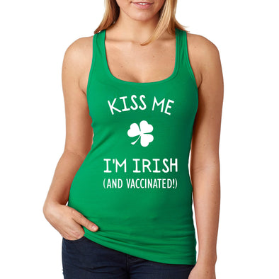 XtraFly Apparel Women&#39;s Kiss Me I&#39;m Irish and Vaccinated St. Patrick&#39;s Day Saint Paddy Drunk Lucky Clover Shamrock Racerback
